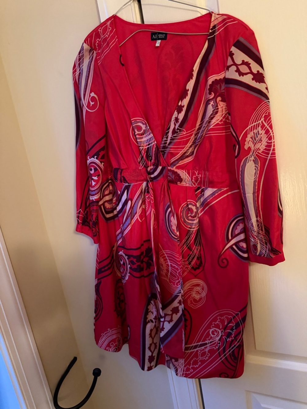 Armani Jeans Red Printed Long-Sleeve Tie-Waist Dress